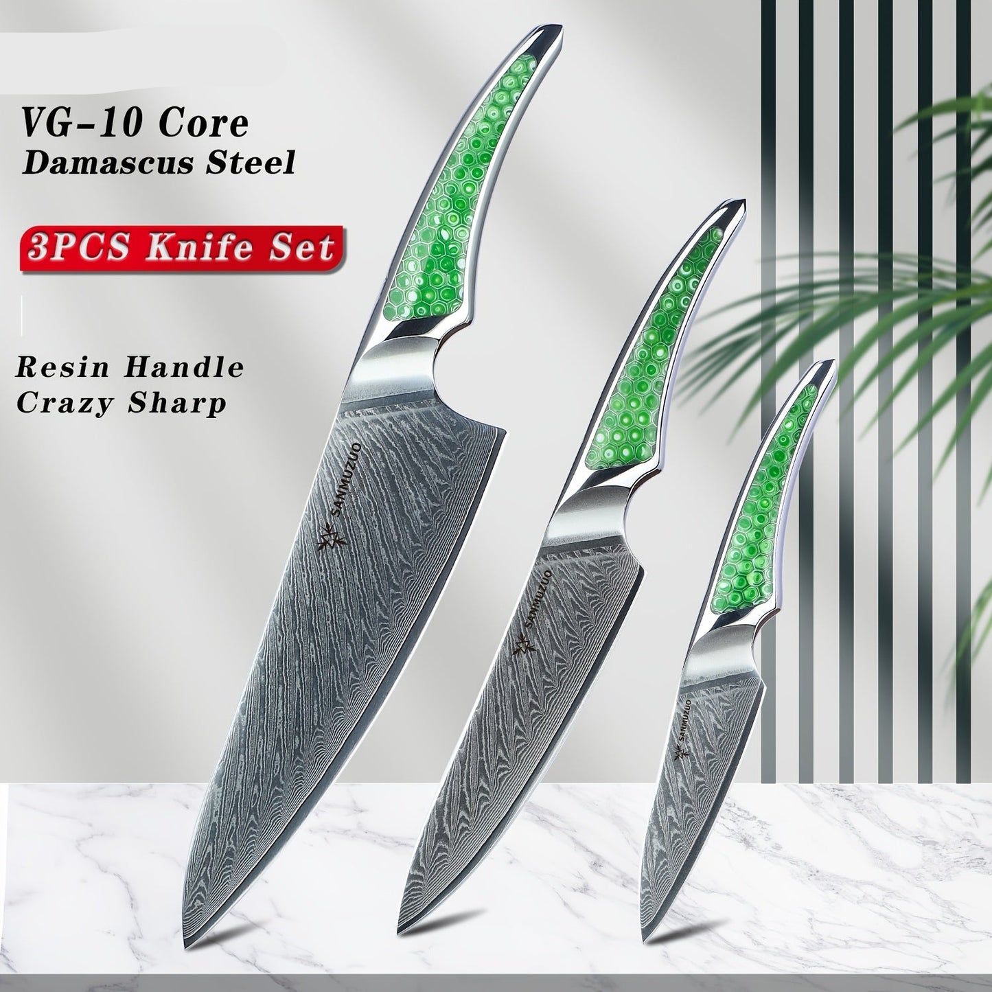 Damesschilmessen – Schilmesje – Utility Mes – Koksmes – Keukenmessen Set – VG10 Damascus Staal – Ergonomische Hars Handgrepen – Ambidextrisch Design – Groen