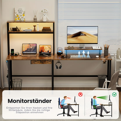 Ergonomische Computerbureau – L-vormig Bureau – Gaming Tafel – Bureau Met Monitorbevestiging – Hoekbureau Met Hoofdtelefoonhaak – Ingebouwde LED Verlichting – 150/170 cm Lang
