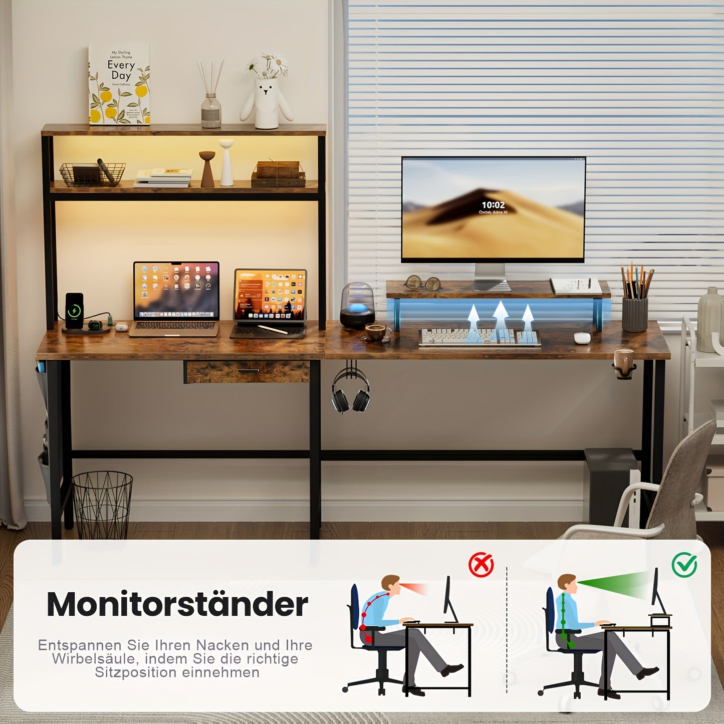 Ergonomisch Hoekbureau – L-vormig Bureau – Gaming Bureau – Computerbureau – Bureau Met LED-verlichting – Verstelbare Monitorstandaard – Hoekbureau 150x100 cm Grijs