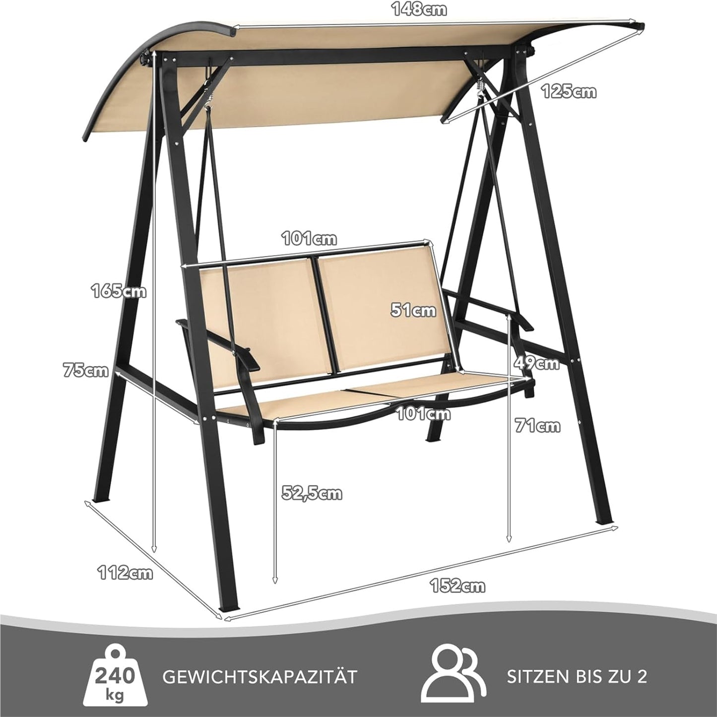Tuinschommel – Schommelstoel – Tuinbank – Patio Schommel – Buitenschommel – Verstelbaar Dak – Stabiel Metalen Frame – 2-Persoons Zitplaats 101x49 cm