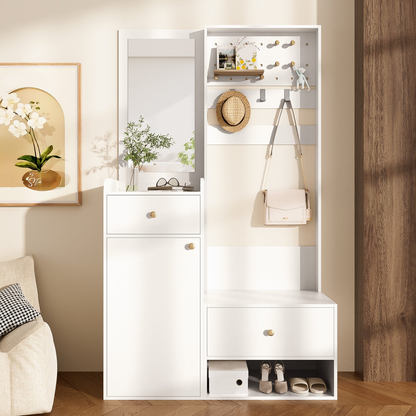 Compact Halmeubel – Hal Kast – Entree Meubel – Schoenenrek – Kapstok – Met Spiegel & Verstelbare Haken – Modern Houtlook 105x38x180 cm