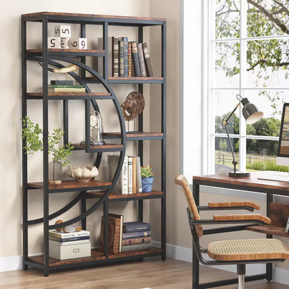 Industriële Boekenkast – Boekplank – Boekenrek – Opbergrek – Vakkenkast – Robuust Metalen Frame – 5 Planken Hoog – Verstelbare Pootjes – Ruimtebesparend Design – Rustiek Bruin & Zwart