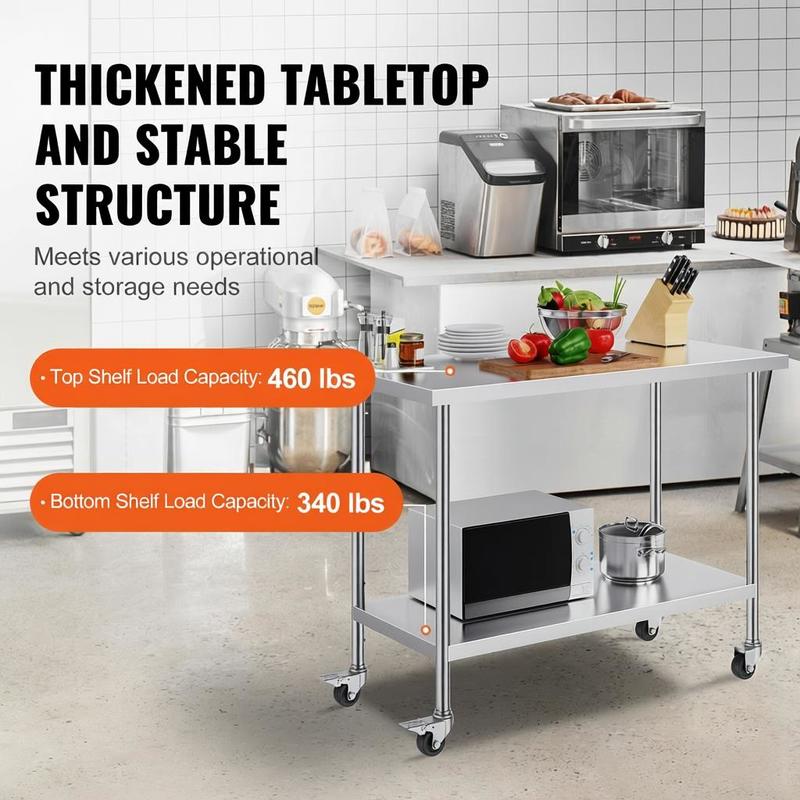 In hoogte verstelbare werkbank – Werktafel – Keukentafel – Werkbank op wielen – RVS werkblad – 3 Hoogteniveaus – Duurzaam roestvrij staal – 1219 x 610 x 955 mm