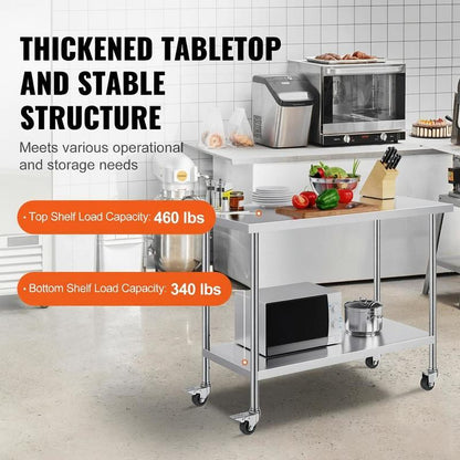 In hoogte verstelbare werkbank – Werktafel – Keukentafel – Werkbank op wielen – RVS werkblad – 3 Hoogteniveaus – Duurzaam roestvrij staal – 1219 x 610 x 955 mm
