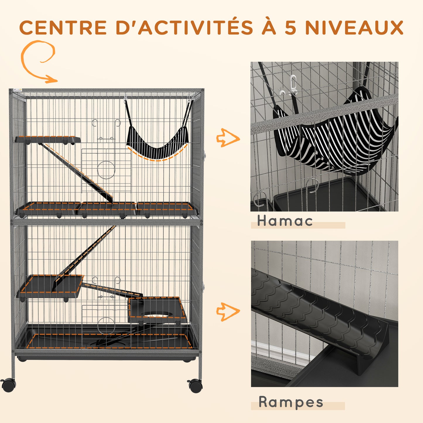 Multifunctional Rodent Cage by Pawhut with 4 Platforms, 3 Ramps, 4 Doors, Size 80L x 52W x 128H cm, Steel, Silver Gray, Black