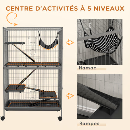 Multifunctional Rodent Cage by Pawhut with 4 Platforms, 3 Ramps, 4 Doors, Size 80L x 52W x 128H cm, Steel, Silver Gray, Black