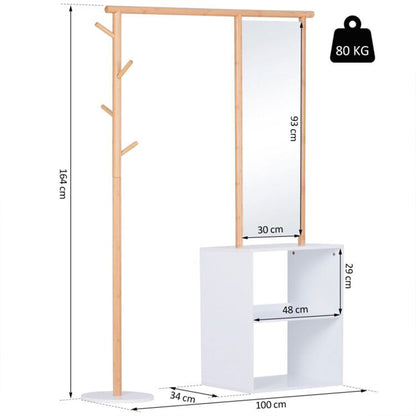 Kapstok – Wandkapstok – Garderoberek – Kapstok met Spiegel – Opbergkast – MDF en Bamboe – 4 Haken – 100x34x164 cm – Wit
