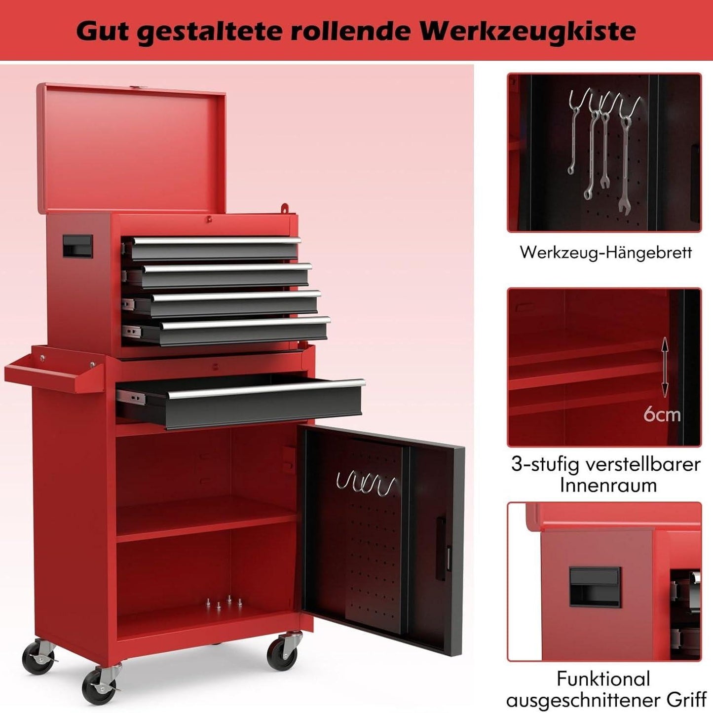 Gereedschapswagen – Werkplaatswagen – Toolcart – Mobiele Gereedschapskar – Werkbank Op Wielen – 2-in-1 Afneembare Bovenkast – 8 Vakken Met Verstelbare Planken – 100 Kg Draagkracht – Metaal Zwart-Rood