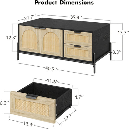 Salontafel – Koffietafel – Bijzettafel – Woonkamertafel – Middentafel – Mid-Century Design – Compact Met Opbergruimte – Zwart MDF Met Rattan Accenten