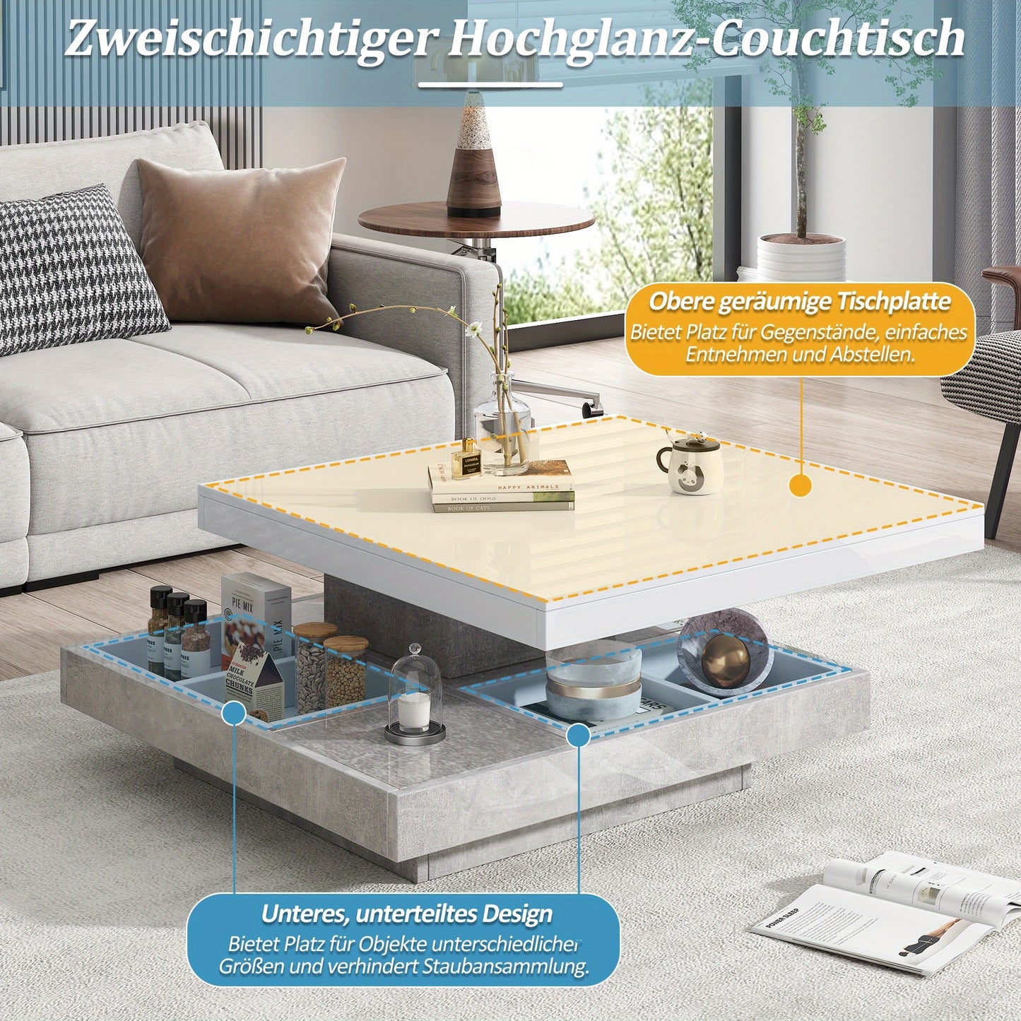 Coffee Table, Functional Double Coffee Table, High-gloss Tabletop Tabletop can be swivelled 360°, Double Swivel Tabletop with Storage Compartment, 70*70*36cm