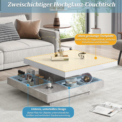 Coffee Table, Functional Double Coffee Table, High-gloss Tabletop Tabletop can be swivelled 360°, Double Swivel Tabletop with Storage Compartment, 70*70*36cm