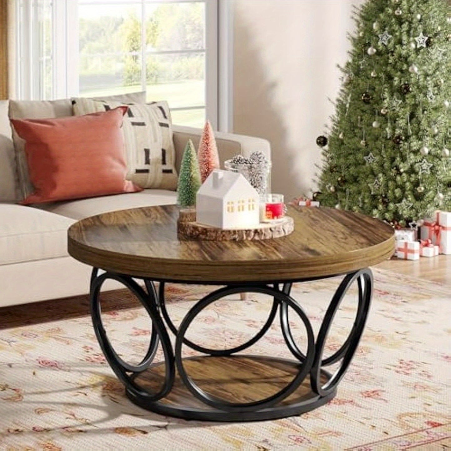 BYBLIGHT Industrial Round Coffee Table - 80cm Rustic Brown Wood & Metal Frame, Thickened Engineered Wood Top, Space-Saving Design, Easy Assembly, Contemporary Style for Living Room, Bedroom, Office - Durable & Stylish Furnitu