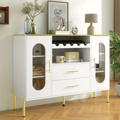 Dressoir – Kast – Sideboard – Opbergkast – Ladekast – Wit MDF Met Glazen Deuren – Inclusief Wijnrek En Lades – Stijlvol En Ruim Opbergmeubel