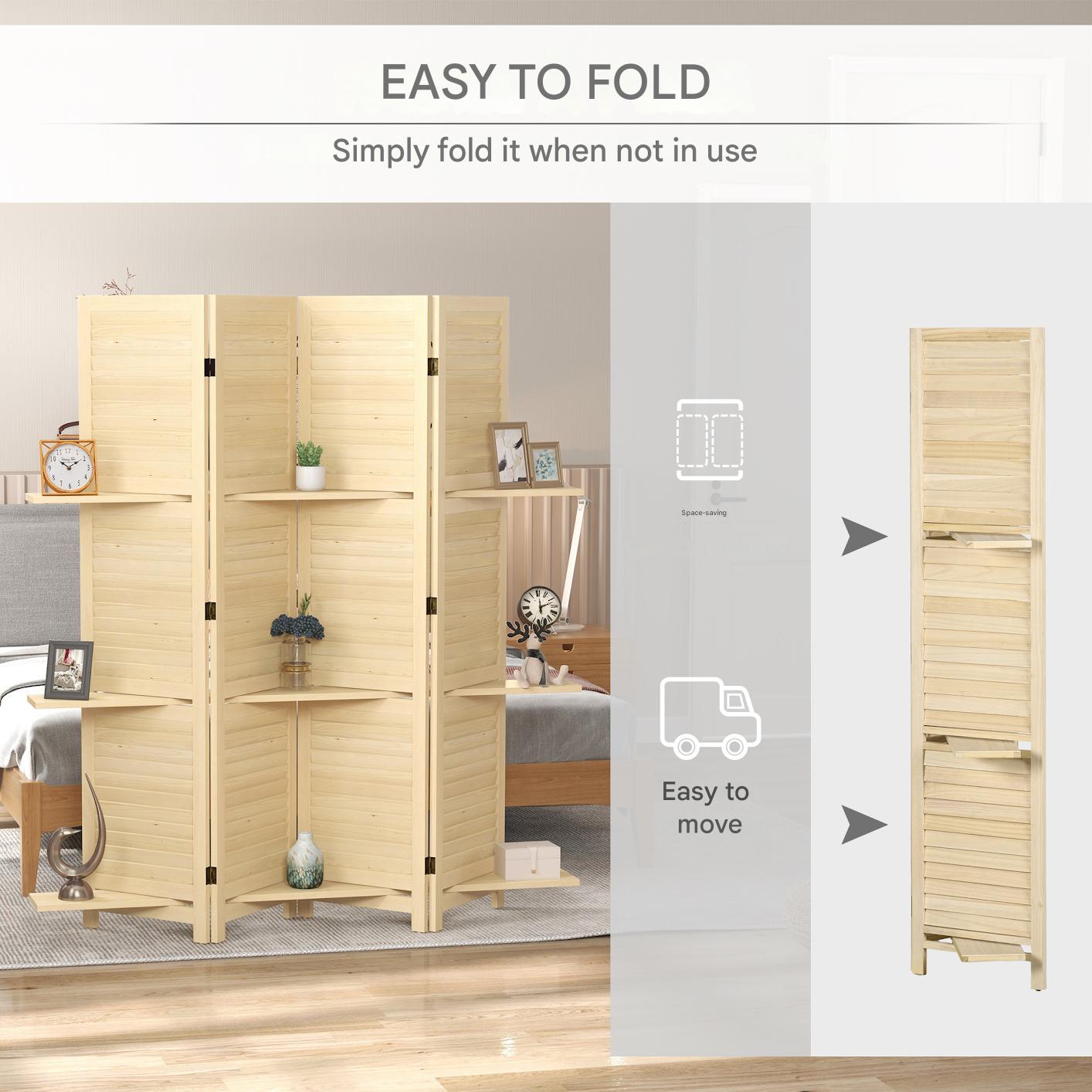 Kamerscherm – Roomdivider – Scheidingswand – Paravent – Kamerverdeler – 4 Panelen – Paulownia Hout – 3 Planken – Inklapbaar – Natuurlijke Houtkleur
