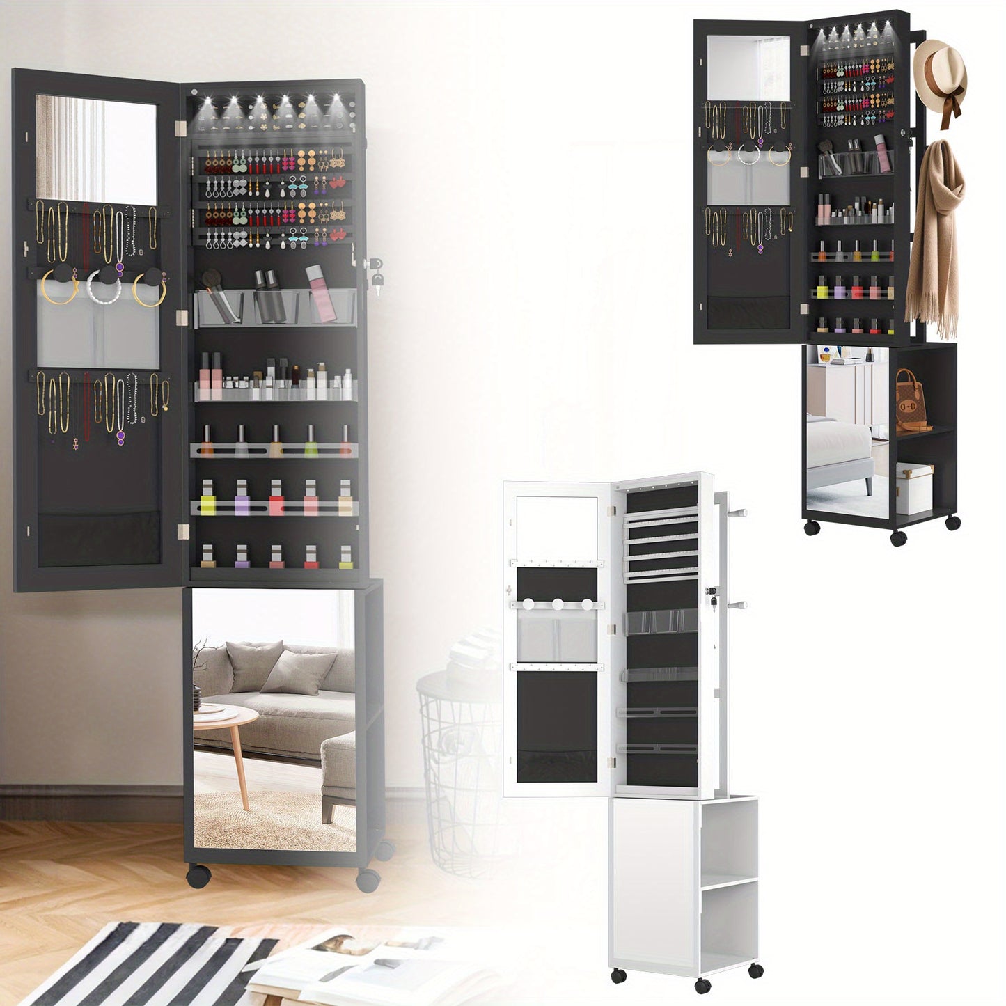 Sieradencabinet – Sieradenkastje – Spiegelkast – Organizer – Accessoirekast – Met Slot en Wieltjes – MDF Met Fluwelen Voering – Volledige Spiegel 36x40x170 cm – Mobiel en Veilig Opbergen