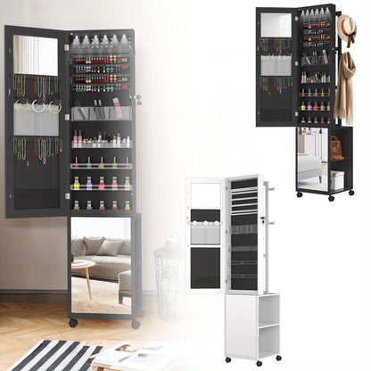 Sieradencabinet – Sieradenkastje – Spiegelkast – Organizer – Accessoirekast – Met Slot en Wieltjes – MDF Met Fluwelen Voering – Volledige Spiegel 36x40x170 cm – Mobiel en Veilig Opbergen