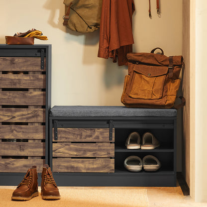 Schoenenrek – Schoenenkast – Schoenenopberger – Schoenenbank – Schoenenmeubel – Hout – Schuifdeuren – Met Zitkussen – Vintage Design – 80x35x48 cm