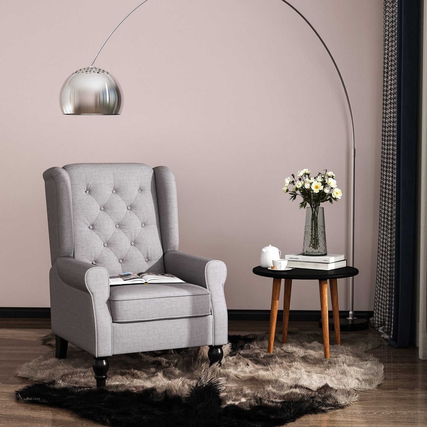 Fauteuil – Relaxstoel – Accentstoel – Zetel – Lounge Chair – Grijze Polyester Bekleding – Stevig Houten Poten – Verstelbare Rugleuning – Afneembare Kussenhoes