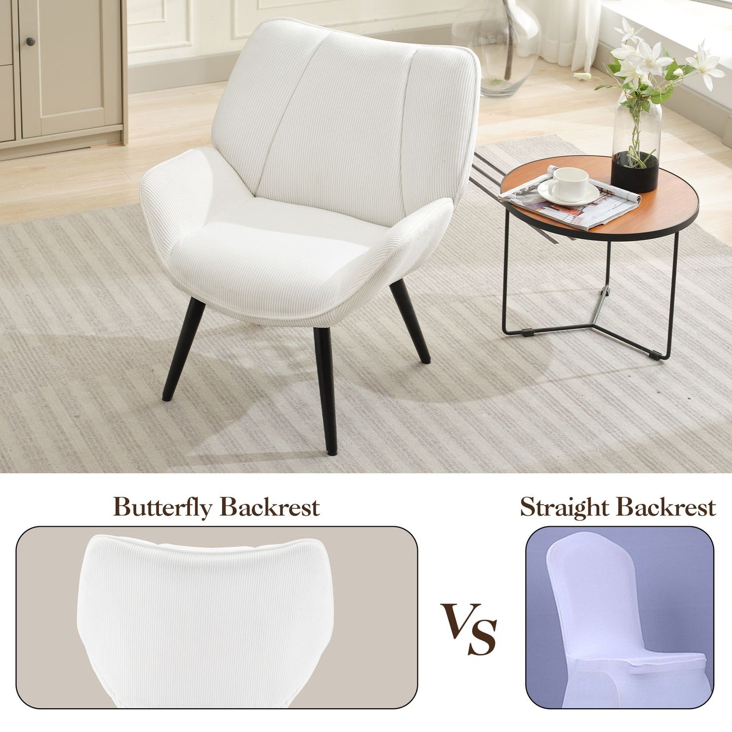 Mid-Century Armstoel – Accentstoel – Fauteuil – Leunstoel – Witte Lounge Stoel – Comfortabele Zitting – Stevige Metalen Poten