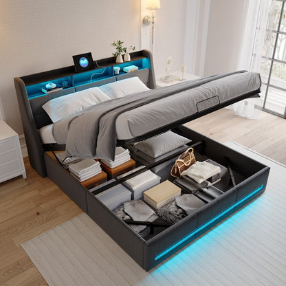 Gestoffeerd Tweepersoonsbed 160x200 – Opbergbed – Slaapbank – Bedframe – Boxspringbed – Hydraulische Opbergruimte – Grijze Linnen Bekleding