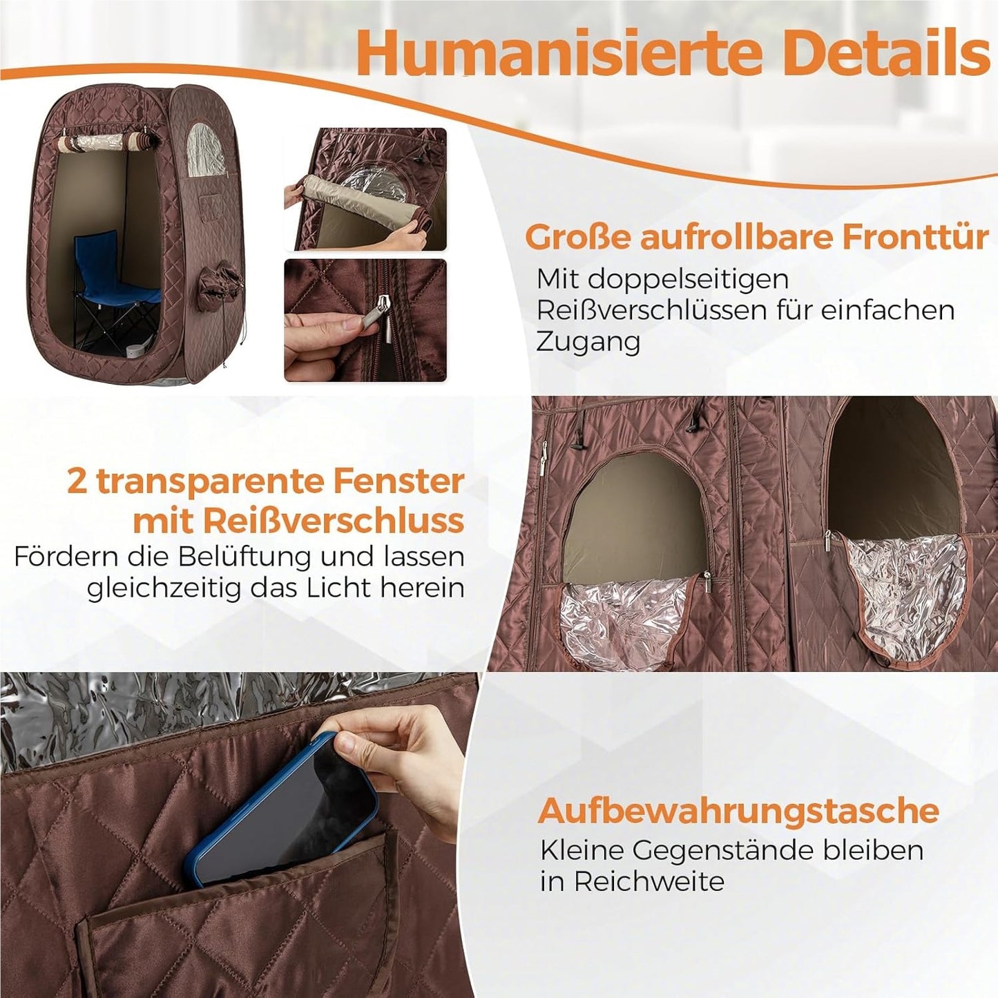 Stoomsauna – Draagbare Sauna – Sauna Tent – Stoomcabine – Mobiele Sauna – 3L Stoomgenerator – Timer & Afstandsbediening – Bruin – 89x89x149 cm