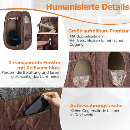 Stoomsauna – Draagbare Sauna – Sauna Tent – Stoomcabine – Mobiele Sauna – 3L Stoomgenerator – Timer & Afstandsbediening – Bruin – 89x89x149 cm