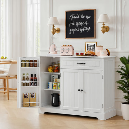 Opbergkast – Kasten – Dressoir – Sidetable – Kastje – Vrijstaand – Wit Retro Bruin – Hardhouten Constructie – Ruime 3-Deurs + Ladenkast – 3,2 Kubieke Voet Opslag