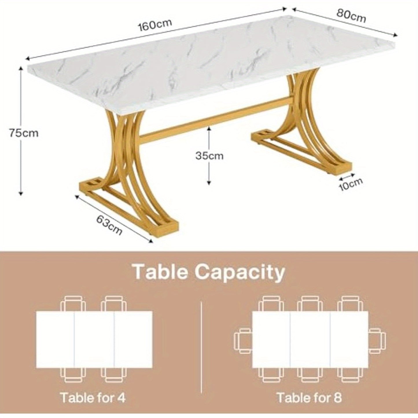 Eettafel – Tafel – Dinertafel – Keukentafel – Vergadertafel – Modern – Wit & Goud – 160x80 cm – Stevige Metalen Poten – Faux Marmeren Tafelblad