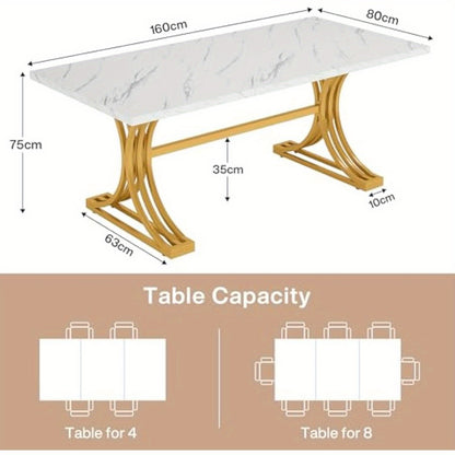 Eettafel – Tafel – Dinertafel – Keukentafel – Vergadertafel – Modern – Wit & Goud – 160x80 cm – Stevige Metalen Poten – Faux Marmeren Tafelblad