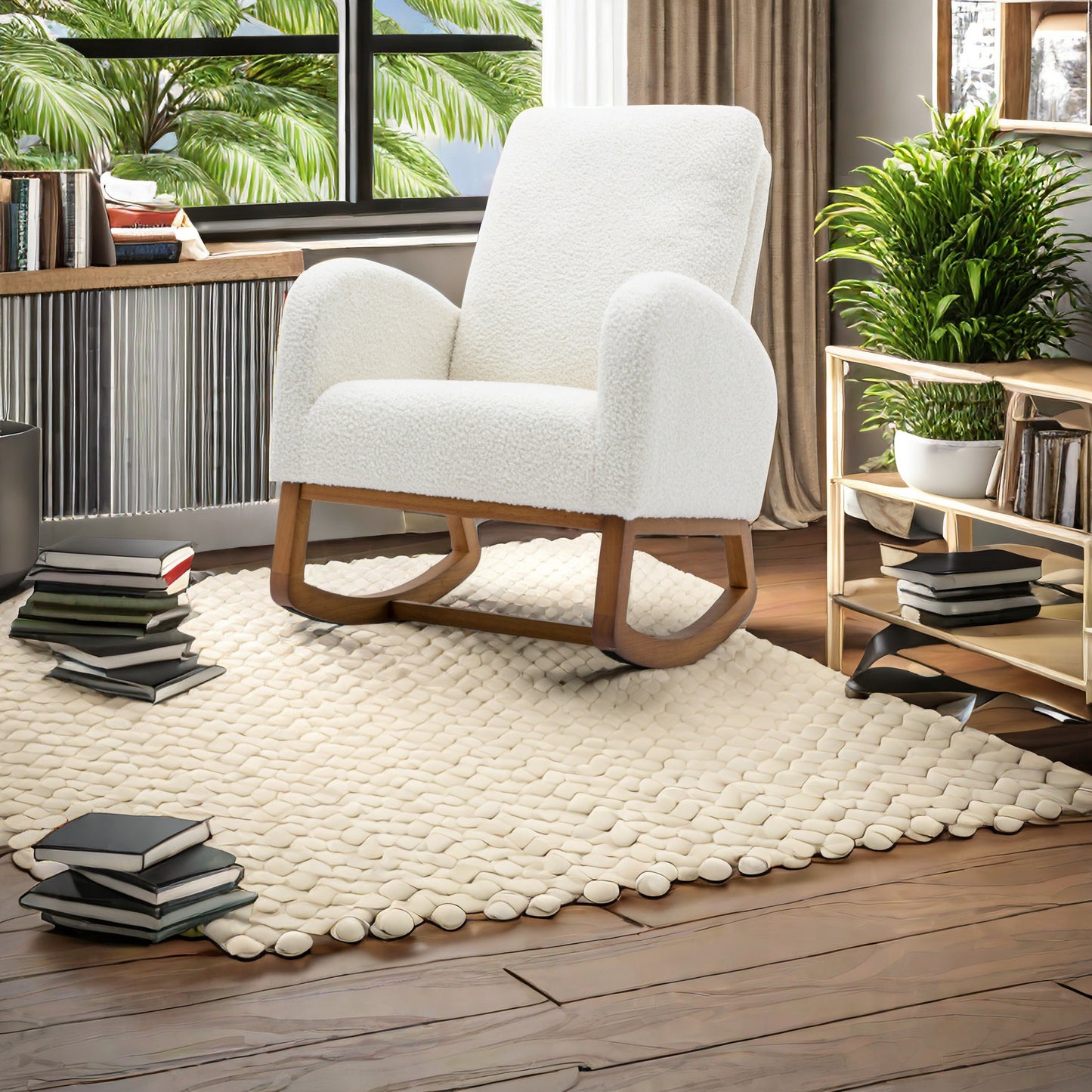 Schommelstoel – Relaxstoel – Fauteuil – Voedingsstoel – Loungestoel – Off-White Met Houten Armleuningen – Massief Beukenhout Frame – Ergonomisch Design – Zacht Traagschuim