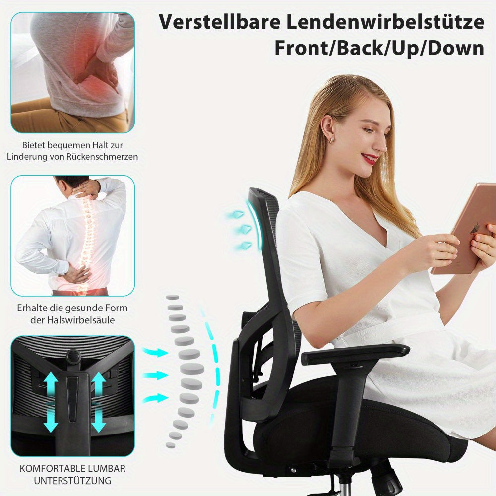 Bureaustoel – Kantoorstoel – Gamingstoel – Desk Chair – Office Chair – Ergonomisch – 200 kg Draagvermogen – Ademend Mesh – Verstelbare Lendensteun – 3D Armleuningen – Kantelmechanisme 105° – Traagschuim Zitting – Metaal Frame – Zwart