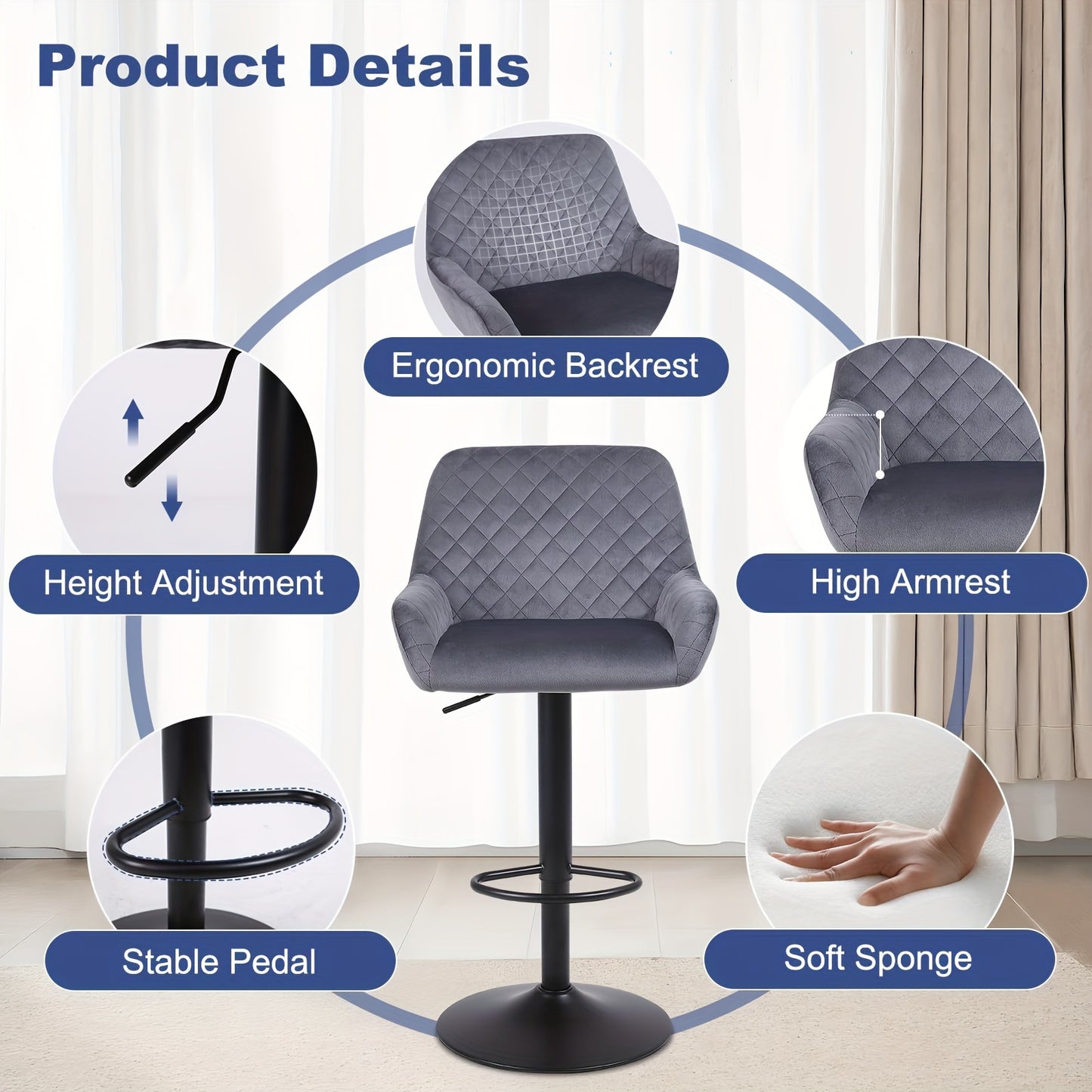 Bar Stools Set Of 2/4, Height Adjustable Swivel Bar Stools, Made Of Imitation Velvet Fabric, Dining Stools with Backrest And Armrests, Suitable for Bars, Kitchens And Gardens, Black Gray Brown, Kitchen Bar Stools, Bar Stools