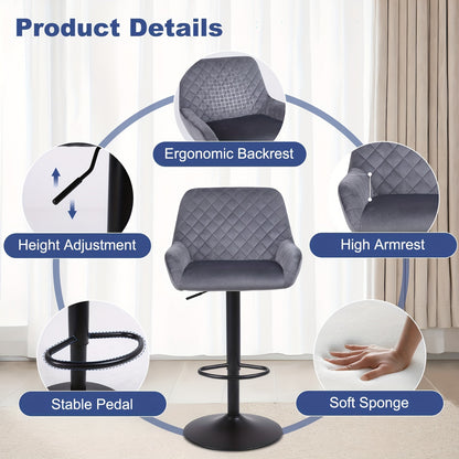 Bar Stools Set Of 2/4, Height Adjustable Swivel Bar Stools, Made Of Imitation Velvet Fabric, Dining Stools with Backrest And Armrests, Suitable for Bars, Kitchens And Gardens, Black Gray Brown, Kitchen Bar Stools, Bar Stools