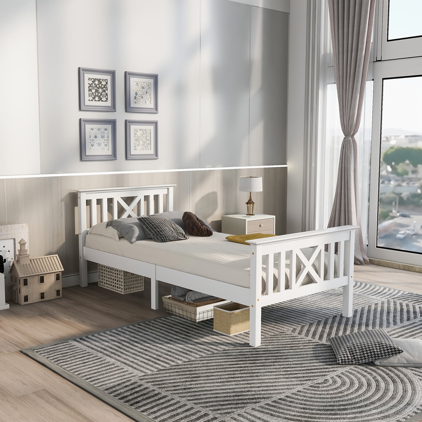 Bed frame, single bed, bed consisting of bed frame and slatted bed frame with headboard - 90 x 200cm, adult bed, white