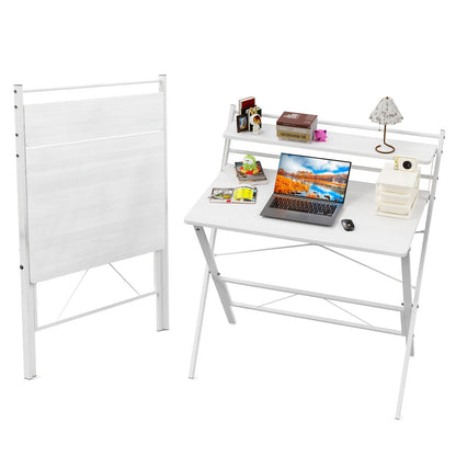 2-laags bureau – houten tafel – schrijftafel – werktafel – studeertafel – wit – compact ontwerp – stevig stalen frame
