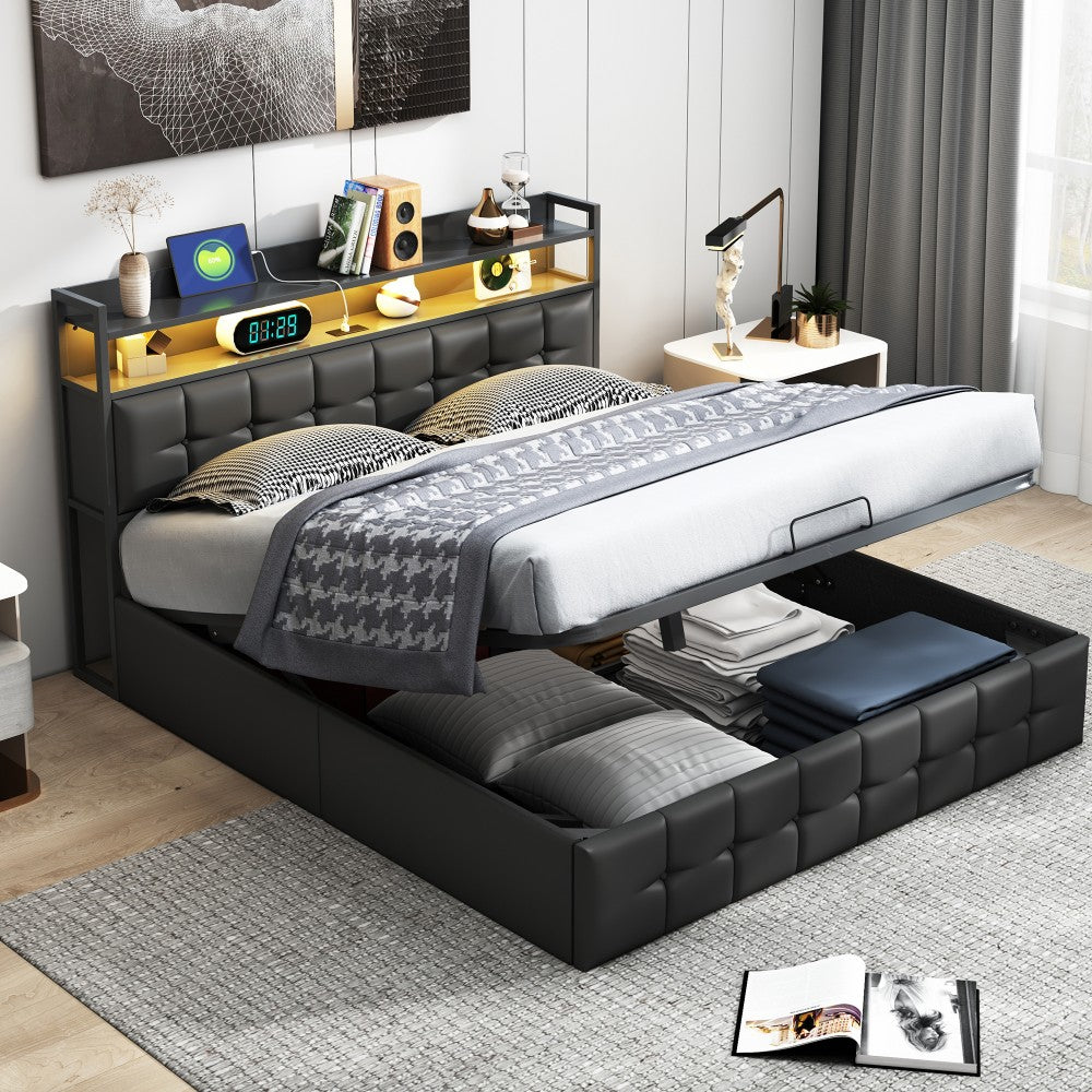 Bedframe – Tweepersoonsbed – Gestoffeerd Bed – Platformbed – Met Opbergruimte – 160x200 cm – LED-Verlichting – Hydraulisch Opklapbaar