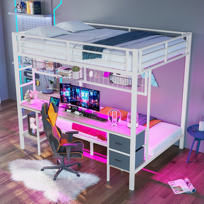 Hoogslaper – Stellingbed – Loftbed – Halfhoogslaper – Bed met Bureau – Wit Metalen Frame – 90x200 of 140x200 cm – Met Opberglades en Veiligheidshekje