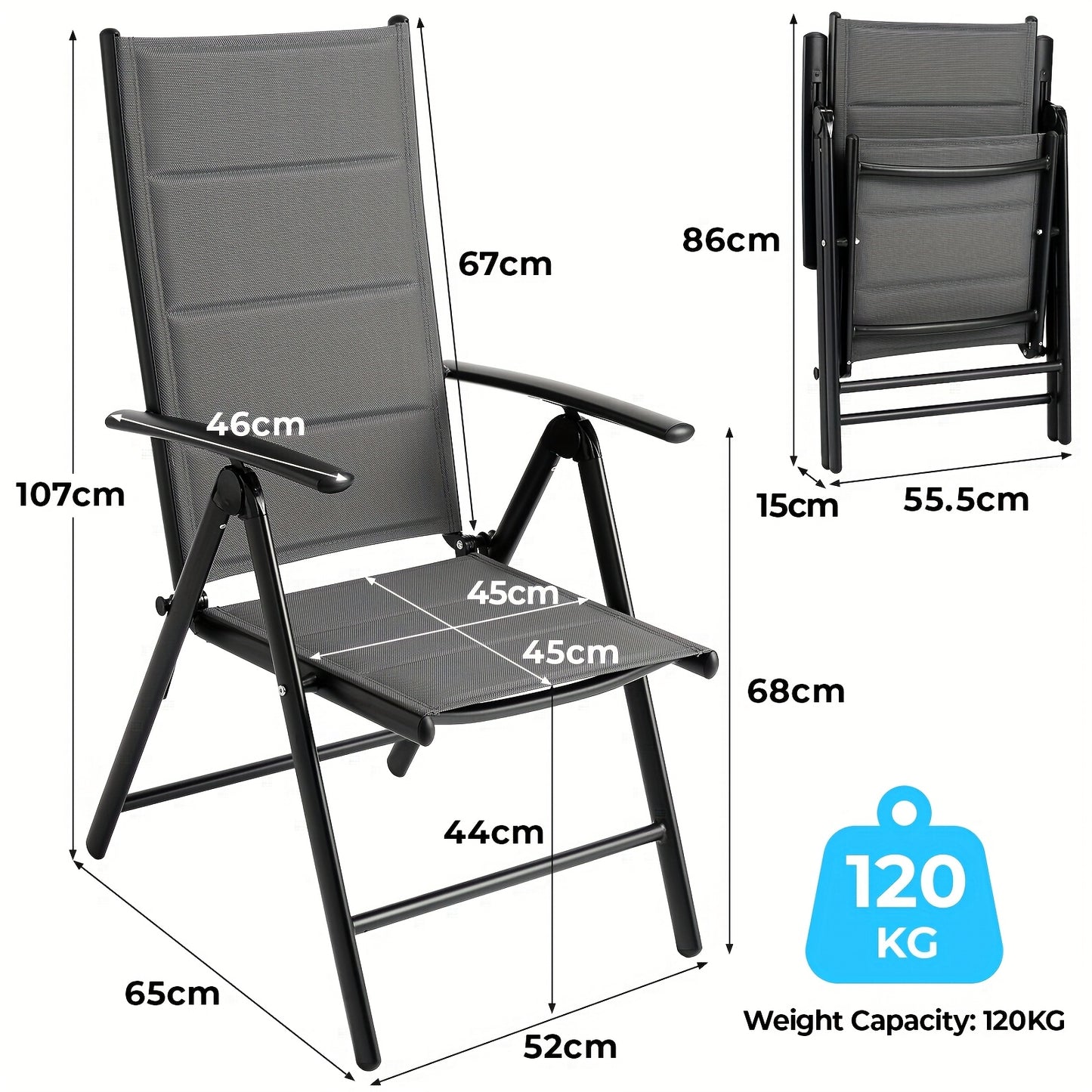 Relaxstoel – Tuinstoel – Balkonstoel – Campingstoel – Ligstoel – Grijs – Lichtgewicht Aluminium Frame – 7-voudig Verstelbare Rugleuning