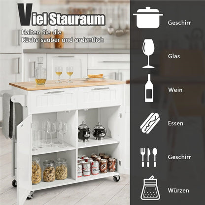Keukeneiland – Keukenwagen – Serveerwagen – Werktafel – Keukentrolley – Met Handdoekhouder – 2 Laden & 2 Deuren – Witte Rubberwood Constructie