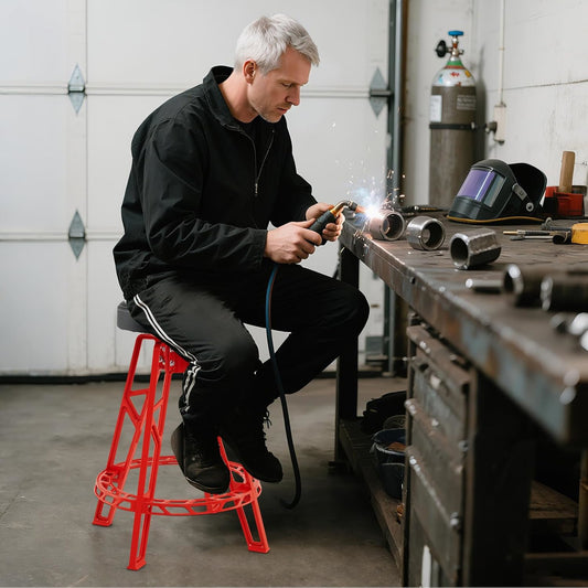 Draaistoel Werkkruk – Werkstoel Werkbank Krukje – Rood – Ergonomisch PVC Zitvlak – Stevig Metalen Frame