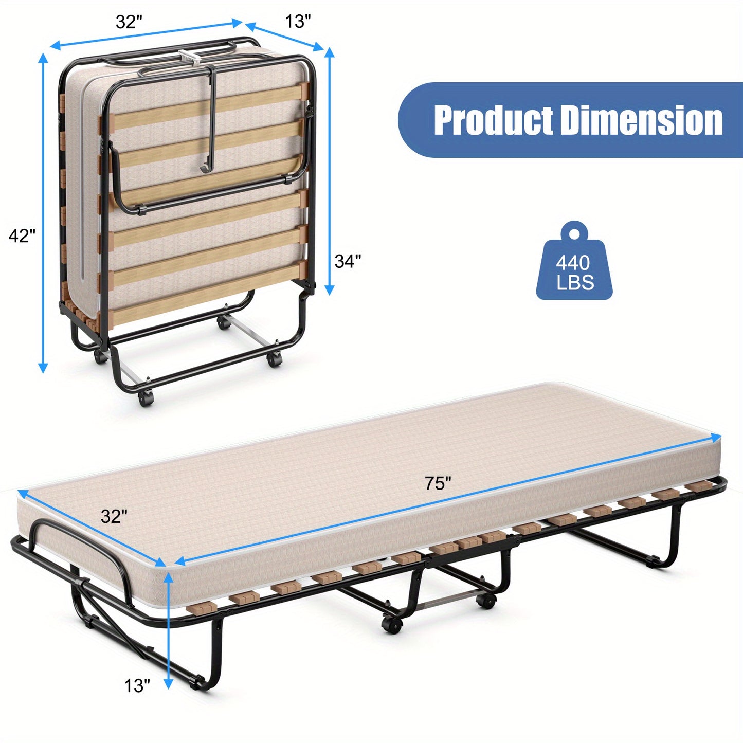 Vouwbed – Opklapbed – Logeerbed – Campingbed – Trolleybed – 80x190cm – Stalen Frame Zwart – 360° Wielen – 199,58KG Draagvermogen – Inclusief Beige Matras