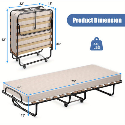 Vouwbed – Opklapbed – Logeerbed – Campingbed – Trolleybed – 80x190cm – Stalen Frame Zwart – 360° Wielen – 199,58KG Draagvermogen – Inclusief Beige Matras