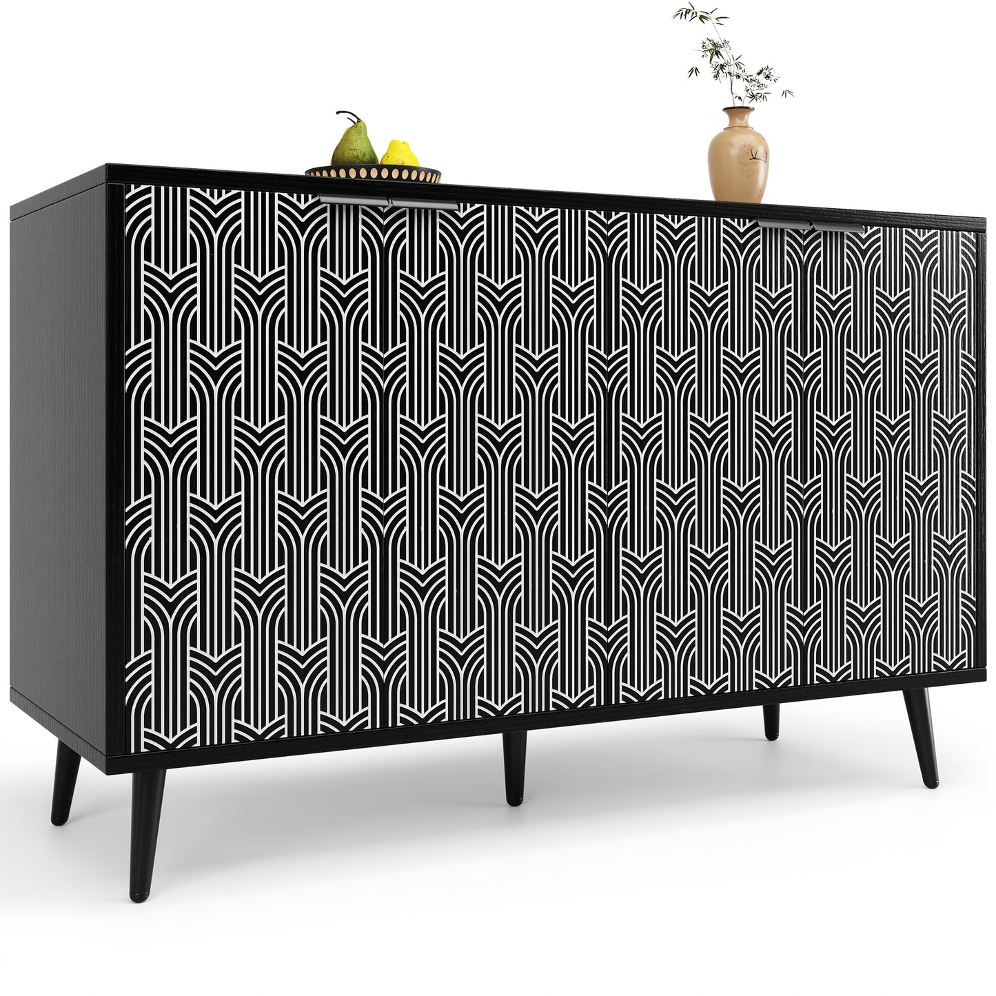 Vrijstaand Kastje – Opbergkast – Dressoir – Buffetkast – Kledingkast – Modern Zwart – Visgraatpatroon – 120x35x78 cm – Bamboe – Eenvoudige Montage