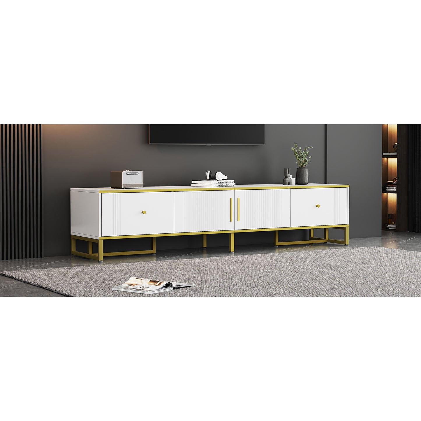 Tv Kast – TV Meubel – Lowboard – TV Dressoir – Media Meubel – Elegant Wit Met Gouden Rand – 180x40x40 cm – Voor Televisies Tot 80 Inch