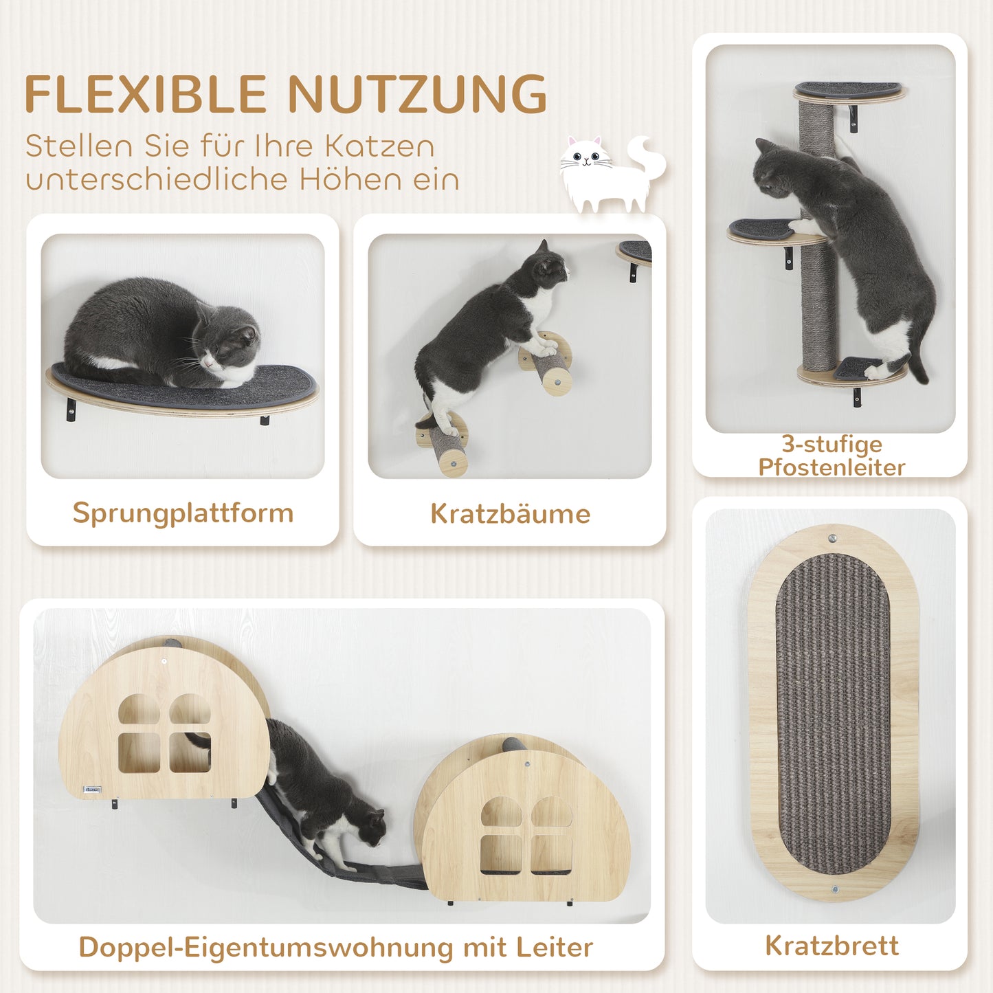 Katten Klimwand – Klimmuur – Kattenhuis – Krabpaal – Klimrek – 7-delig Compleet Set – Sisal Kraboppervlak – Ruimtebesparend Wandmontage