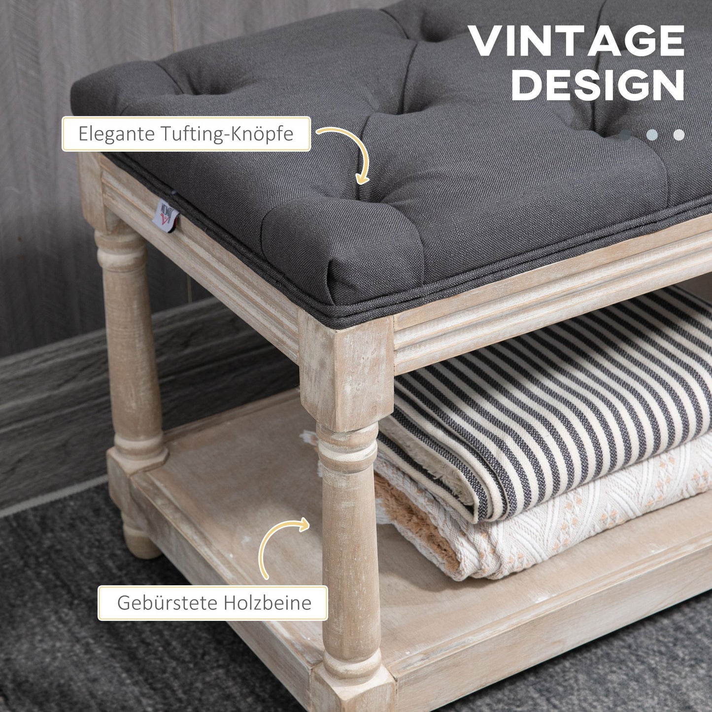 Opbergbank – Zitbank – Schoenenbank – Halbank – Opbergmeubel – Vintage Design – Rubberen Houten Frame – Comfortabele Zitting Met Knoopstiksel