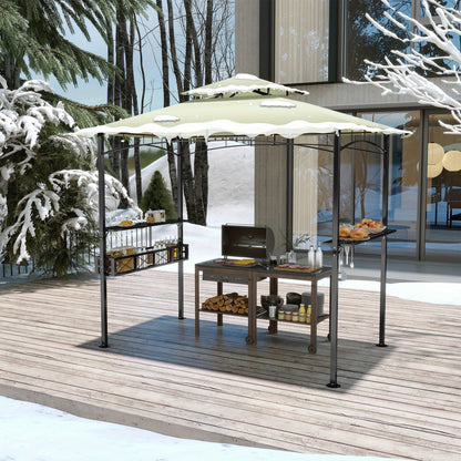 Barbecueoverkapping – Grillpaviljoen – BBQ Shelter – Terrasoverkapping – Barbecuetent – Beige Polyester – Met Dubbel Dak en Metalen Frame – Inclusief Zijplanken en Opbergmand met Haken