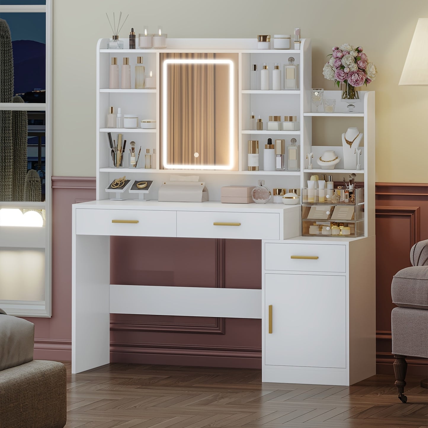 Make-uptafel – Kaptafel – Make-upmeubel – Schminktisch – Witte Make-uptafel – Groot Tafelblad 130 cm – Negen Open Schappen – Twee Lades – Kastje Met Plank