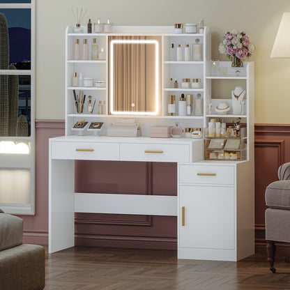 Make-uptafel – Kaptafel – Make-upmeubel – Schminktisch – Witte Make-uptafel – Groot Tafelblad 130 cm – Negen Open Schappen – Twee Lades – Kastje Met Plank