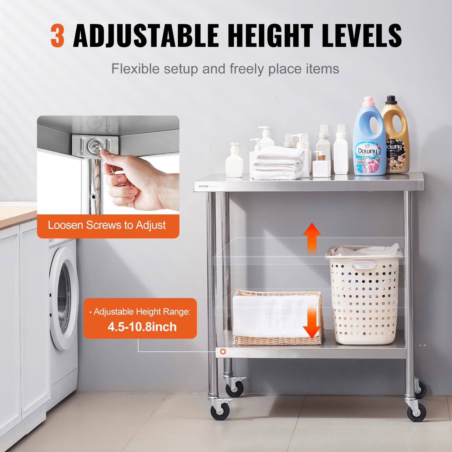 Professionele RVS Werktafel – Roestvrijstalen Werkbank – Keukentafel – Werkbank Met Wielen – Opbergtafel 30x36 Inch – Duurzaam RVS 0,8mm – 3 Verstelbare Legplanken